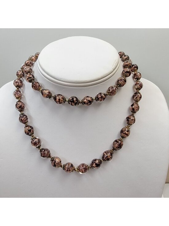 Jewelry - Vintage Murano Glass Black & Copper Aventurine Beaded Necklace